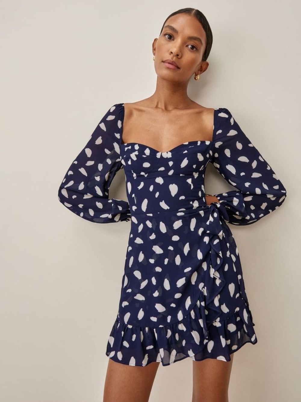 Reformation Cammi Long Sleeve Mini Dress in Splatter Navy White Size 0